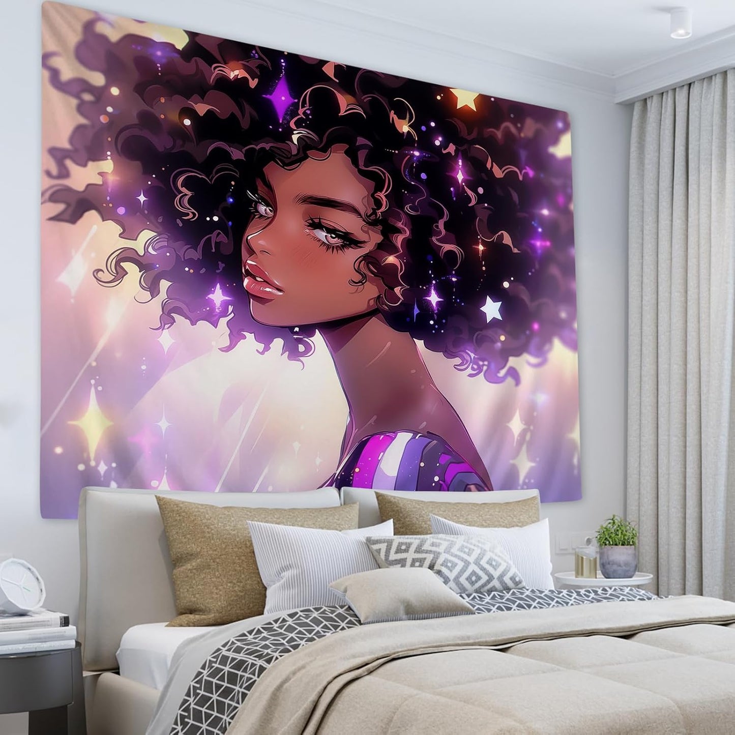 Black Women Wall Tapestry Beautiful African American Women Lady Tapestries Hippie Afro Black Art Wall Hanging 50X60 Inches for Bedroom Living Room Dorm Room, Brown Pink Purple