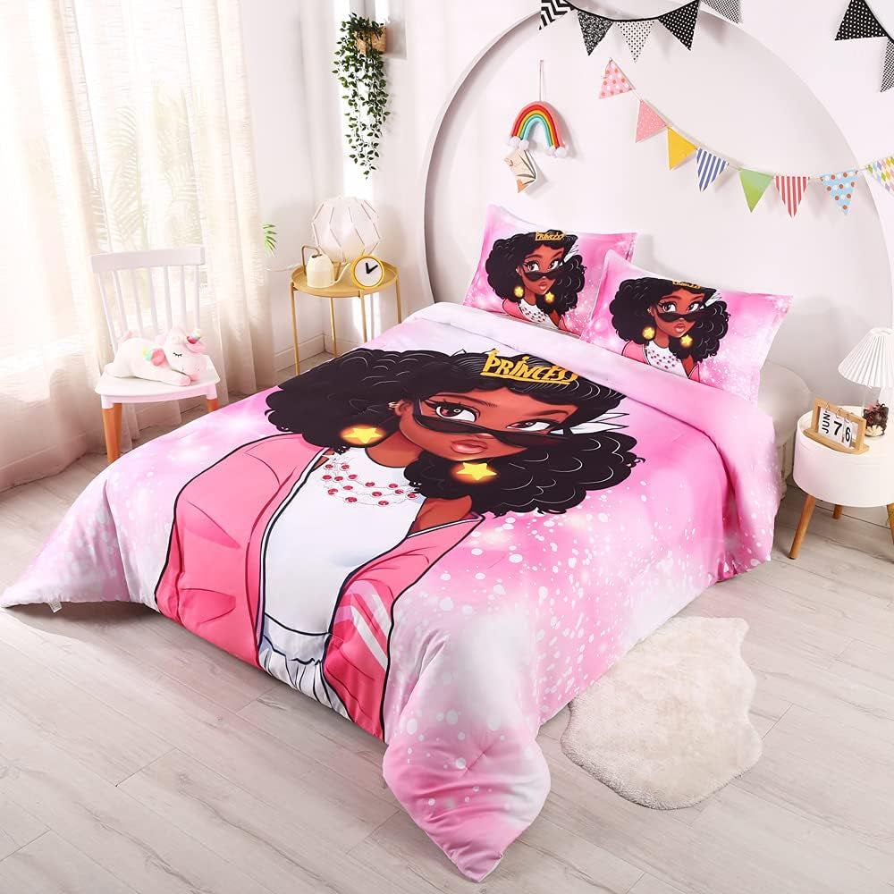 African American Black Girl Comforter Set for Gilrs Kids 3 Piece Pink African American Girl Comforter Sets with 1 Comforter 2 Pillowcases Christmas Bedding Set(Twin, African Girl3)