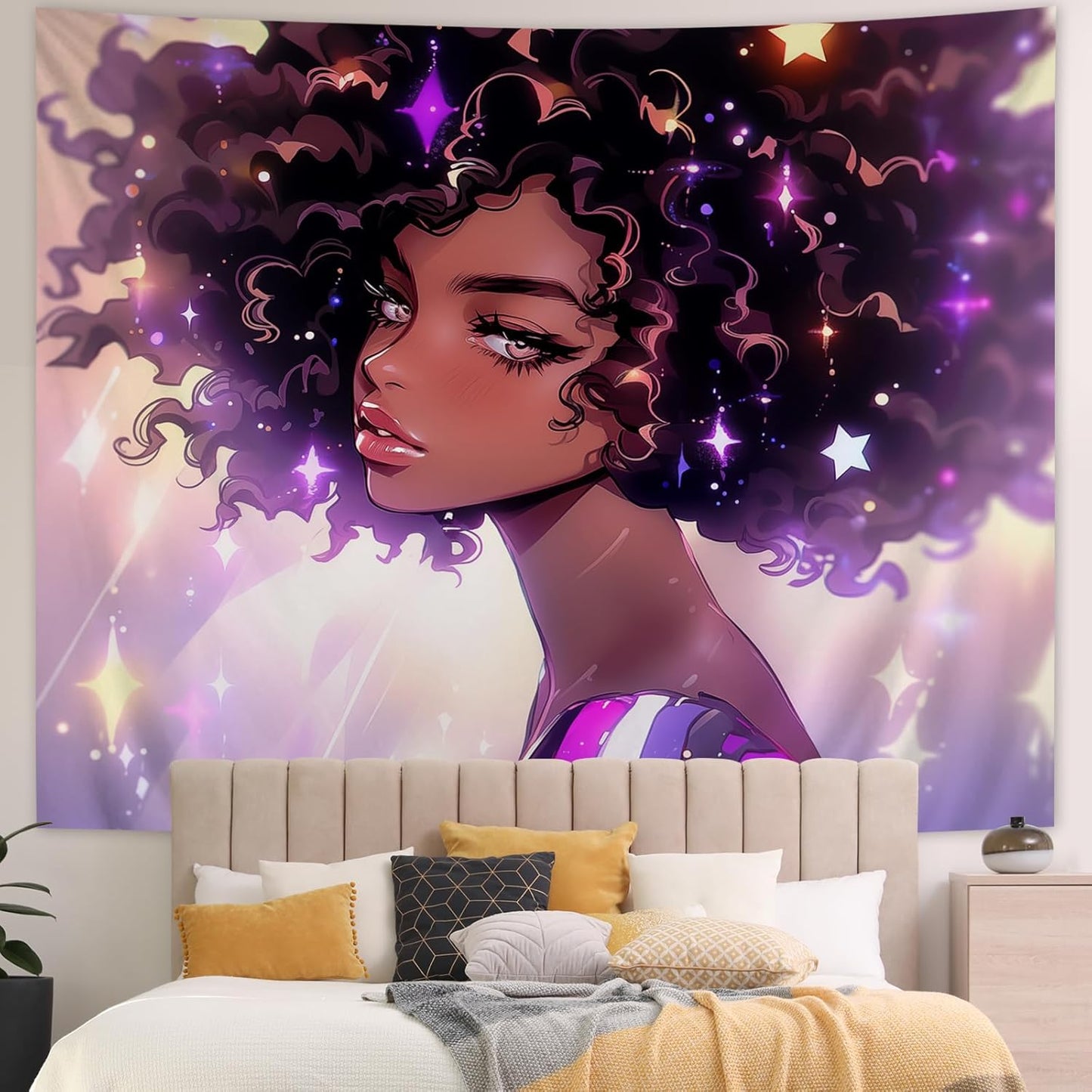 Black Women Wall Tapestry Beautiful African American Women Lady Tapestries Hippie Afro Black Art Wall Hanging 50X60 Inches for Bedroom Living Room Dorm Room, Brown Pink Purple