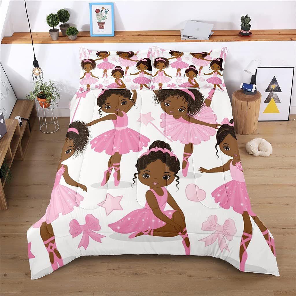 Twin Bedding Sets for Girls, African American Magic Comforter Set with Ballet Dancer, Pink Bed Set for Toddler Kids Teens, Little Girls Bedroom Decor