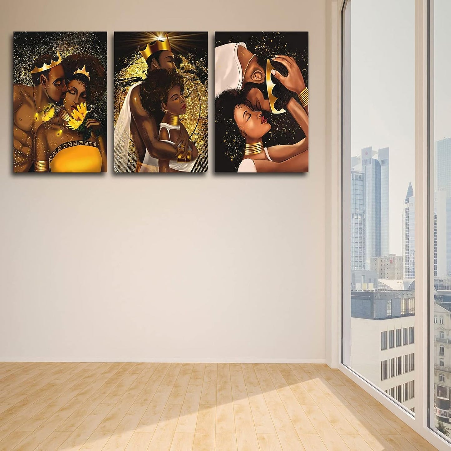 African American Wall Art-Black King and Queen Canvas Wall Art, Crown Black Couple Portrait Painting Gift for Bedroom Decor, Set of 3 King & Queen Love Artwork Framed for Home Wall Decor (36β Wx18β H)