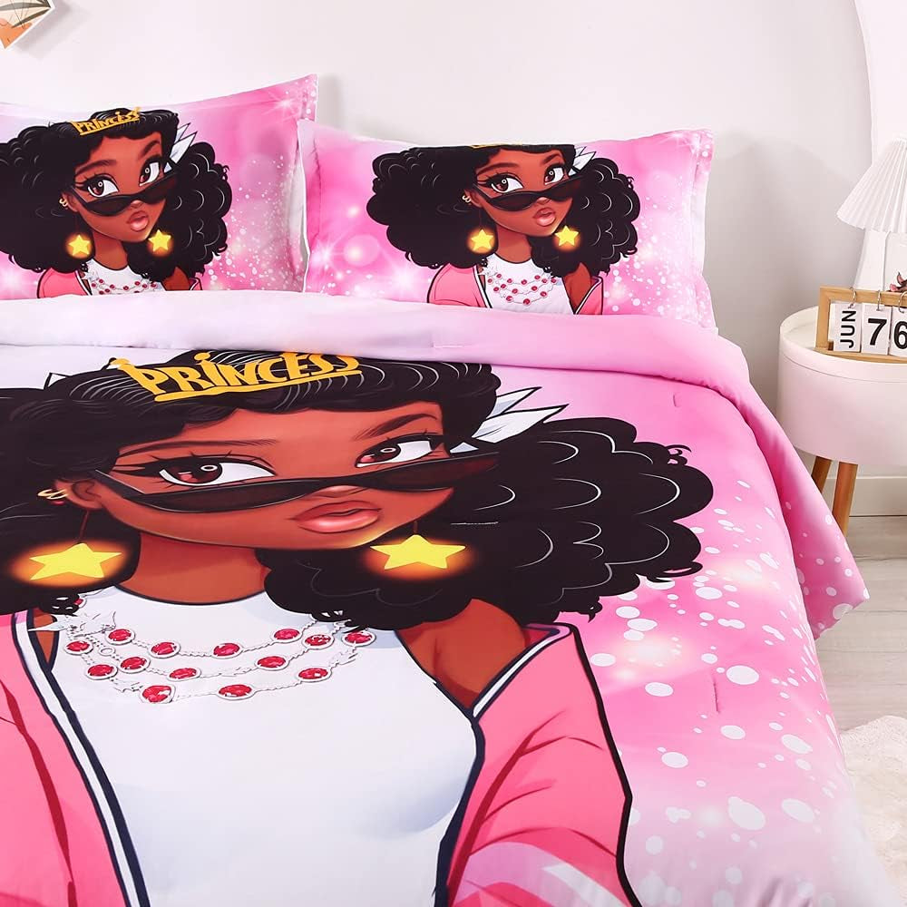 African American Black Girl Comforter Set for Gilrs Kids 3 Piece Pink African American Girl Comforter Sets with 1 Comforter 2 Pillowcases Christmas Bedding Set(Twin, African Girl3)