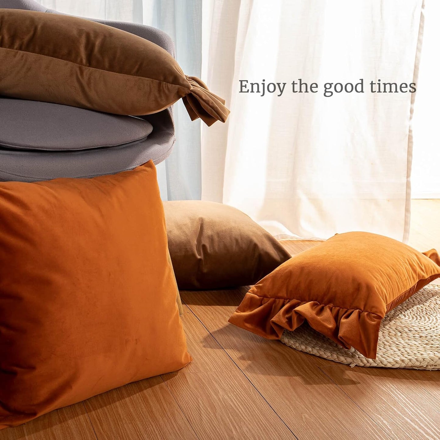 Brown Pillow Covers 18X18,Set of 4 Decorative Ruffle Lumbar Camel Pillow Case and Square Cushion Case for Sofa Couch Living Room Bedroom (12"X20"&18"X18")