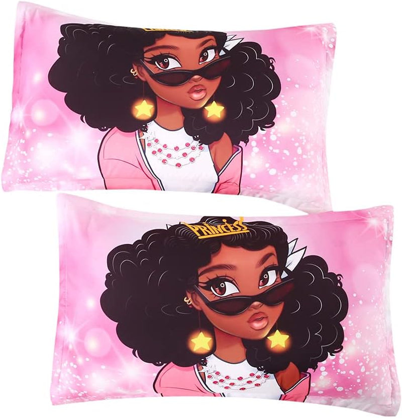 African American Black Girl Comforter Set for Gilrs Kids 3 Piece Pink African American Girl Comforter Sets with 1 Comforter 2 Pillowcases Christmas Bedding Set(Twin, African Girl3)