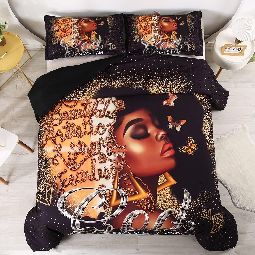 African American Black Girl Comforter Set for Gilrs Kids 3 Piece Gold Pink African American Girl Comforter Sets with 1 Comforter 2 Pillowcases Christmas Bedding Set(Twin, African Girl1)
