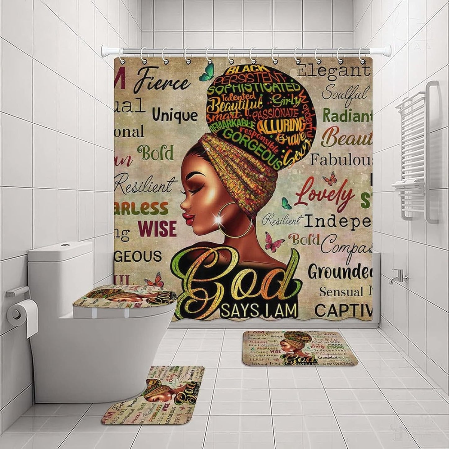 Black Queen God Says I Am Shower Curtains Bathroom Sets with Non-Slip Rugs,Toilet Lid Cover and Bath Mat,Afro Girl Magic Shower Curtain with 12 Hooks…