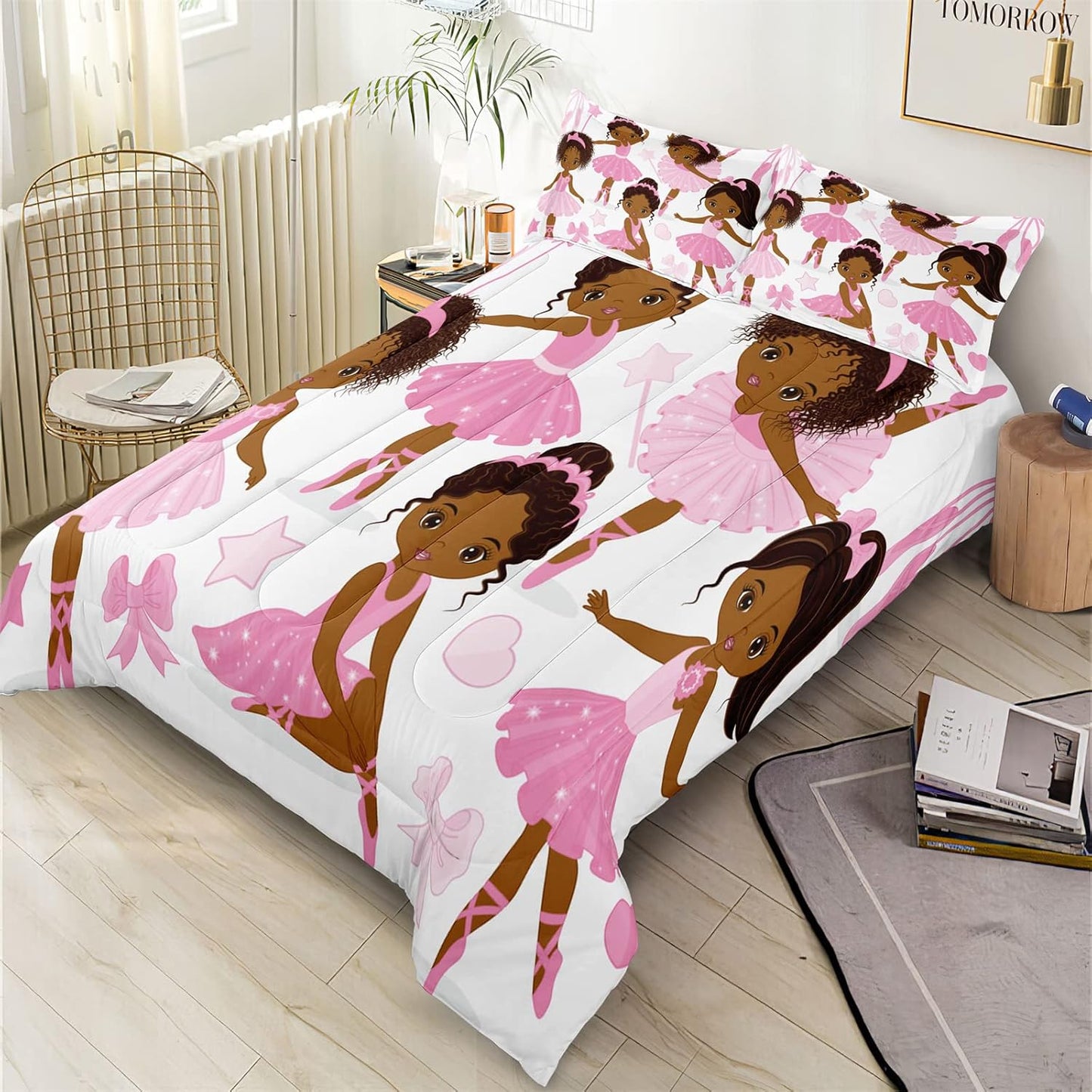 Twin Bedding Sets for Girls, African American Magic Comforter Set with Ballet Dancer, Pink Bed Set for Toddler Kids Teens, Little Girls Bedroom Decor