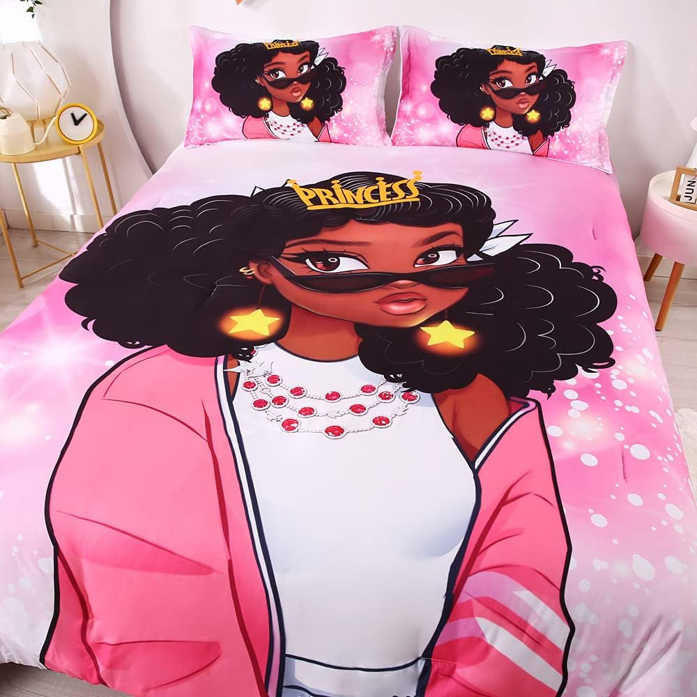 African American Black Girl Comforter Set for Gilrs Kids 3 Piece Pink African American Girl Comforter Sets with 1 Comforter 2 Pillowcases Christmas Bedding Set(Twin, African Girl3)