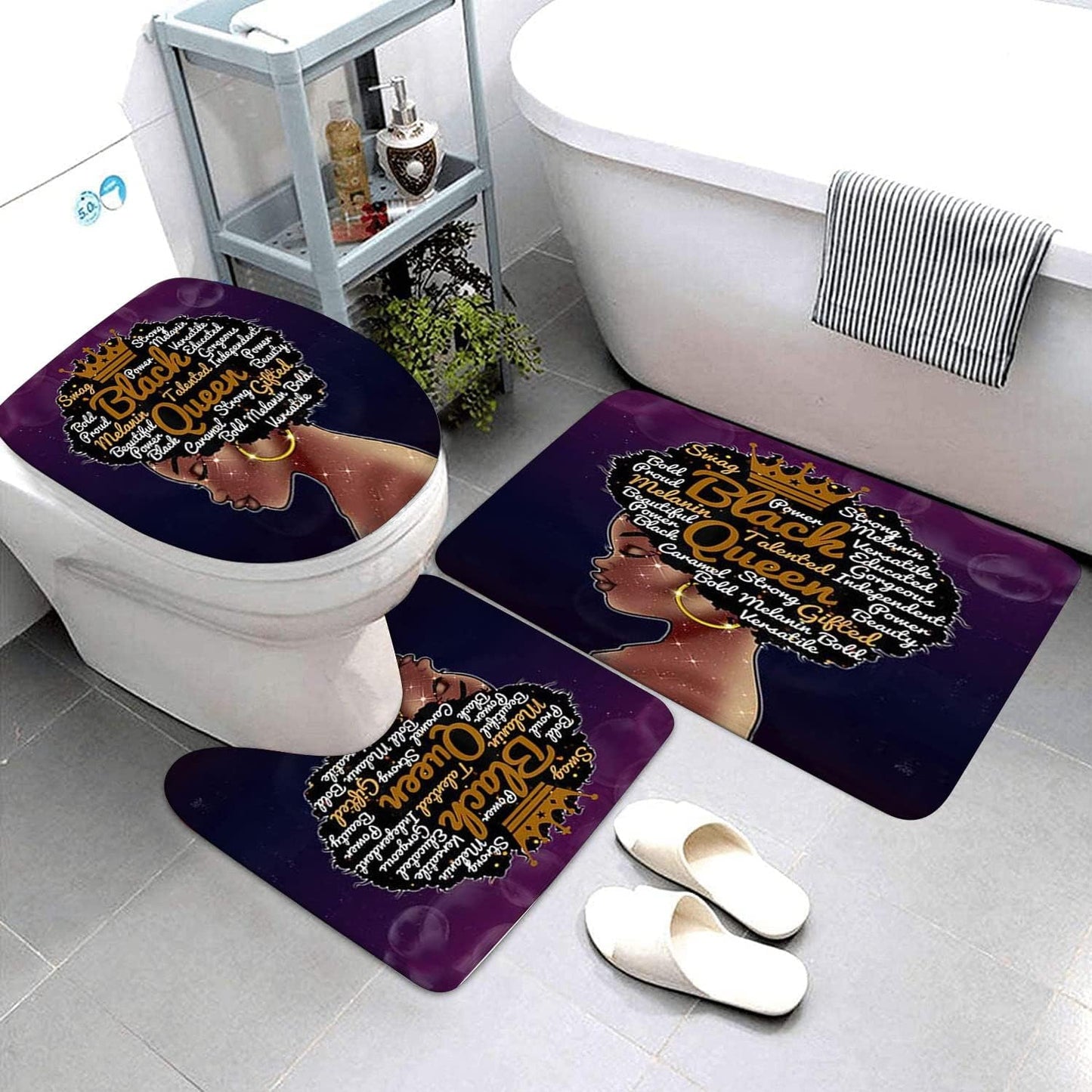 Black Queen Shower Curtain Sets with Rugs for Bathroom Durable African American Waterproof Curtains and Hooks Girl Bath Curtian Toilet Lid Cover Mat