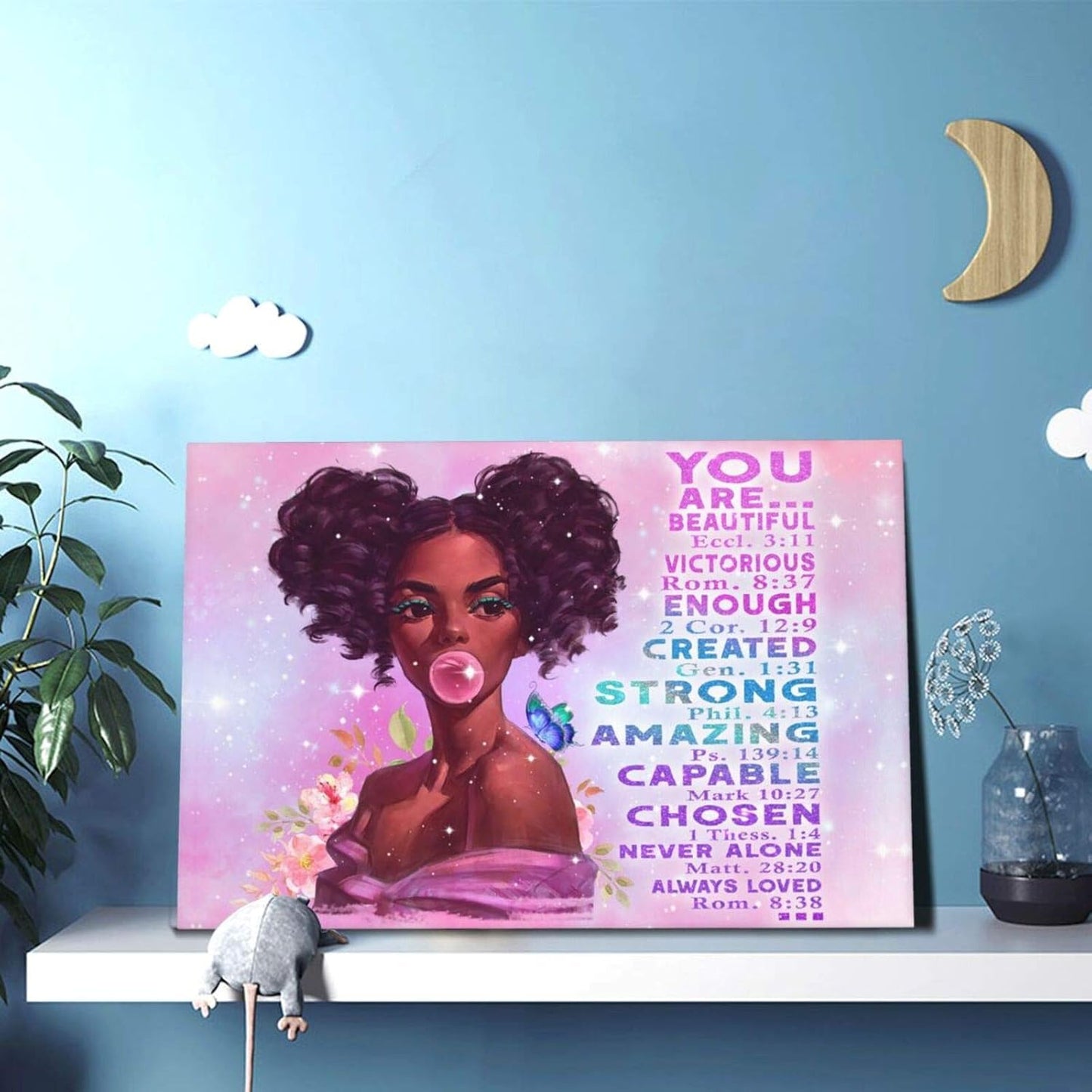 African American Canvas Art Wall Art Black Girl Painting Inspirational Quotes Wall Decor Pink Picture Giclee Modern Artwork for Living Room Bedroom Girls Room Framed Ready to Hang 12X18 Inch