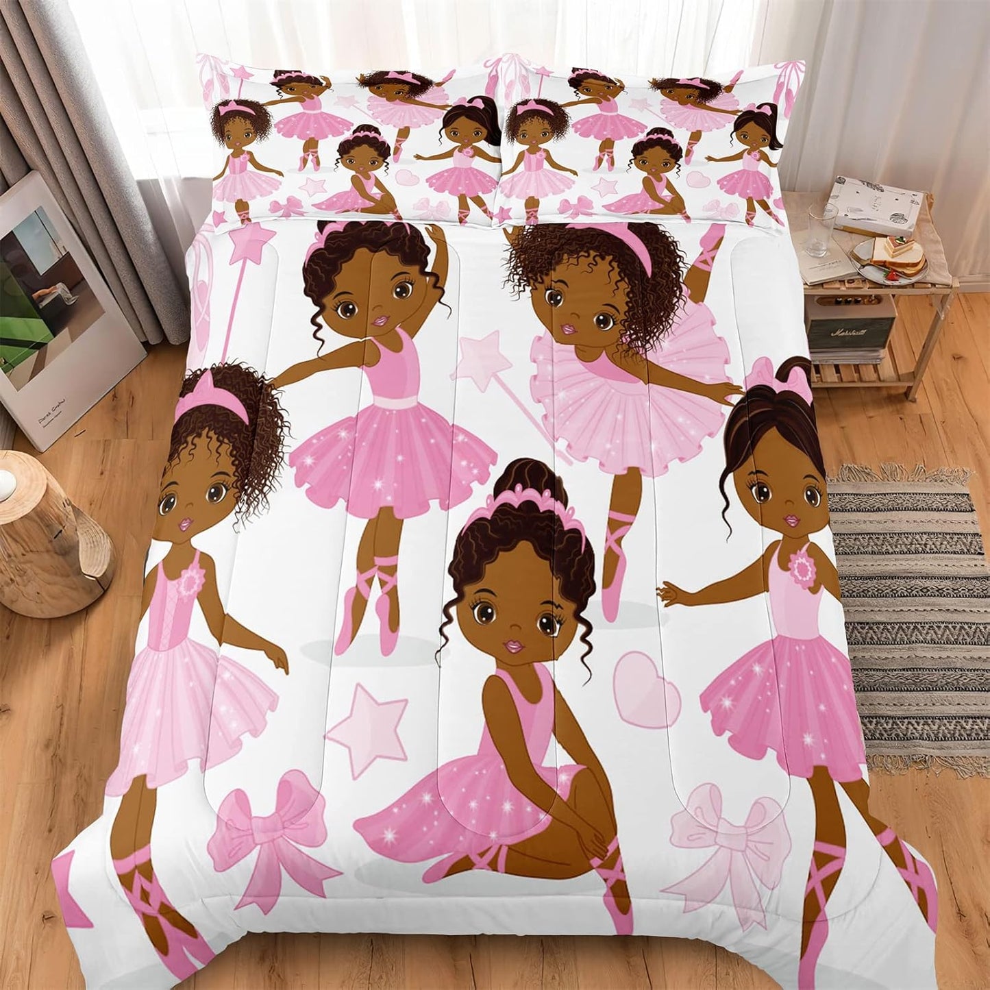 Twin Bedding Sets for Girls, African American Magic Comforter Set with Ballet Dancer, Pink Bed Set for Toddler Kids Teens, Little Girls Bedroom Decor