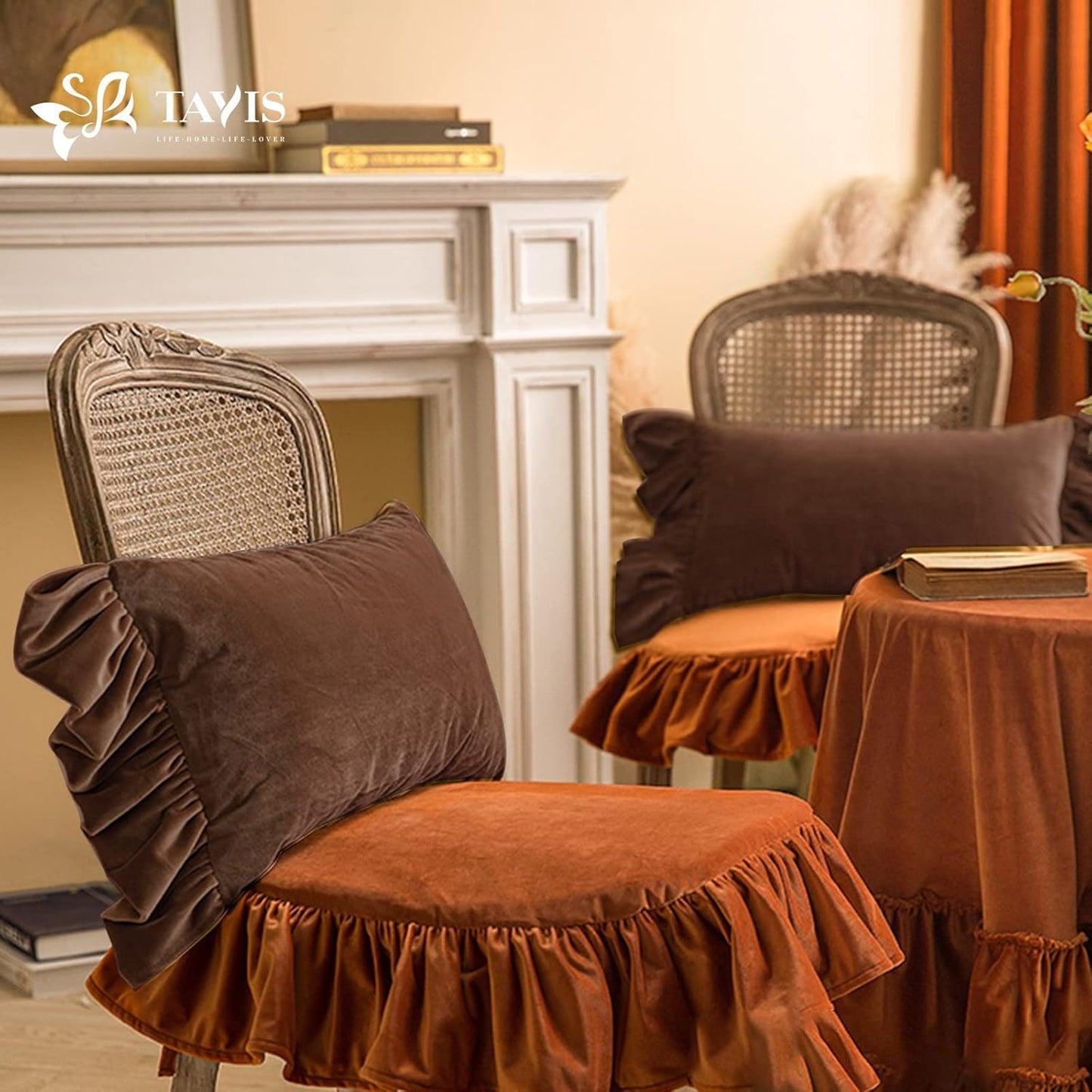 Brown Pillow Covers 18X18,Set of 4 Decorative Ruffle Lumbar Camel Pillow Case and Square Cushion Case for Sofa Couch Living Room Bedroom (12"X20"&18"X18")