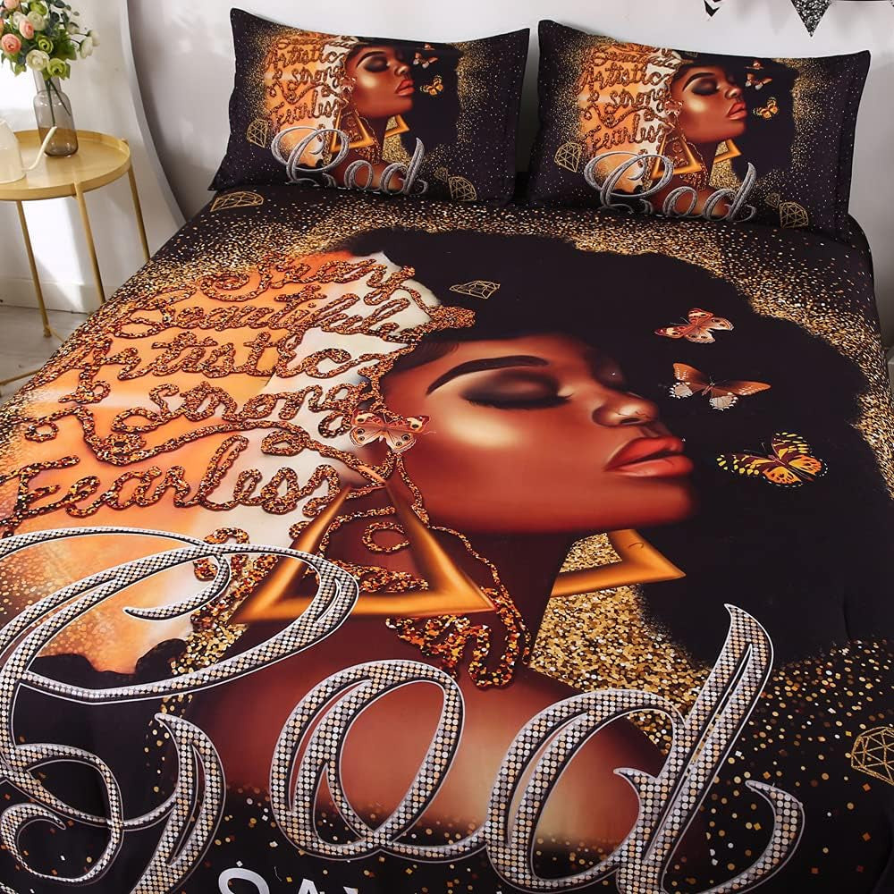African American Black Girl Comforter Set for Gilrs Kids 3 Piece Gold Pink African American Girl Comforter Sets with 1 Comforter 2 Pillowcases Christmas Bedding Set(Twin, African Girl1)