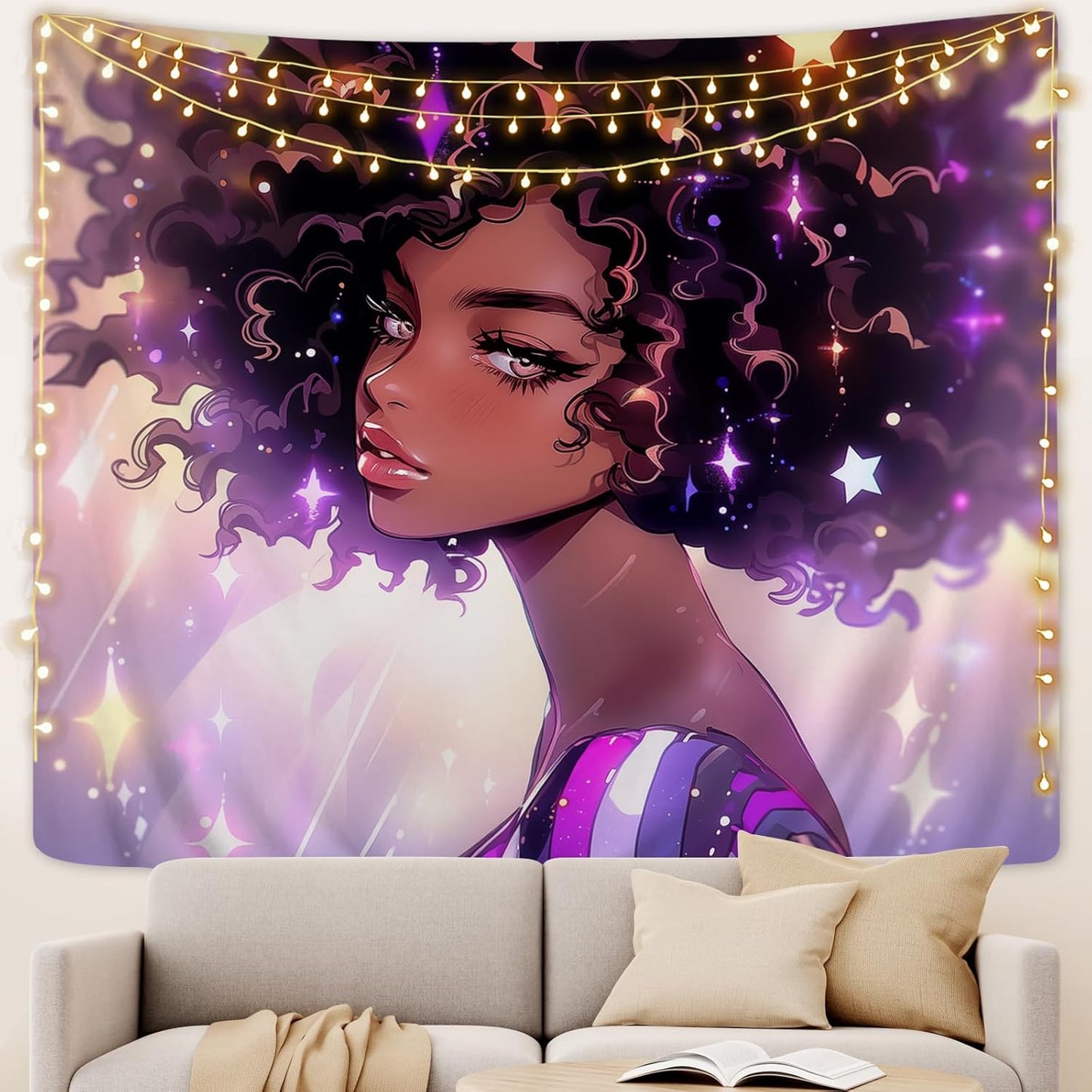 Black Women Wall Tapestry Beautiful African American Women Lady Tapestries Hippie Afro Black Art Wall Hanging 50X60 Inches for Bedroom Living Room Dorm Room, Brown Pink Purple