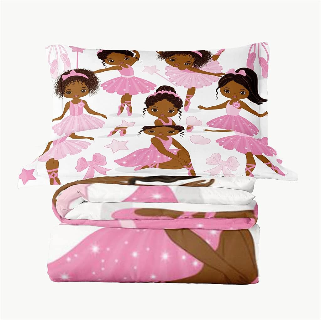 Twin Bedding Sets for Girls, African American Magic Comforter Set with Ballet Dancer, Pink Bed Set for Toddler Kids Teens, Little Girls Bedroom Decor
