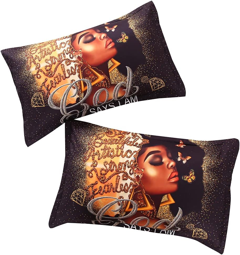 African American Black Girl Comforter Set for Gilrs Kids 3 Piece Gold Pink African American Girl Comforter Sets with 1 Comforter 2 Pillowcases Christmas Bedding Set(Twin, African Girl1)