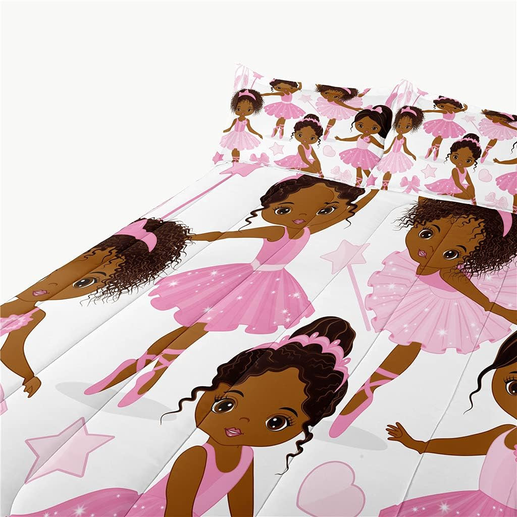 Twin Bedding Sets for Girls, African American Magic Comforter Set with Ballet Dancer, Pink Bed Set for Toddler Kids Teens, Little Girls Bedroom Decor