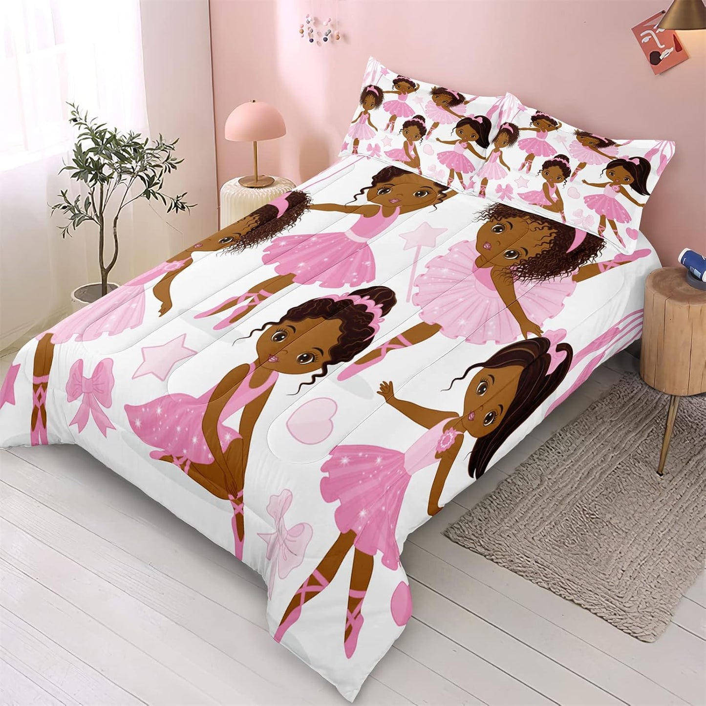 Twin Bedding Sets for Girls, African American Magic Comforter Set with Ballet Dancer, Pink Bed Set for Toddler Kids Teens, Little Girls Bedroom Decor