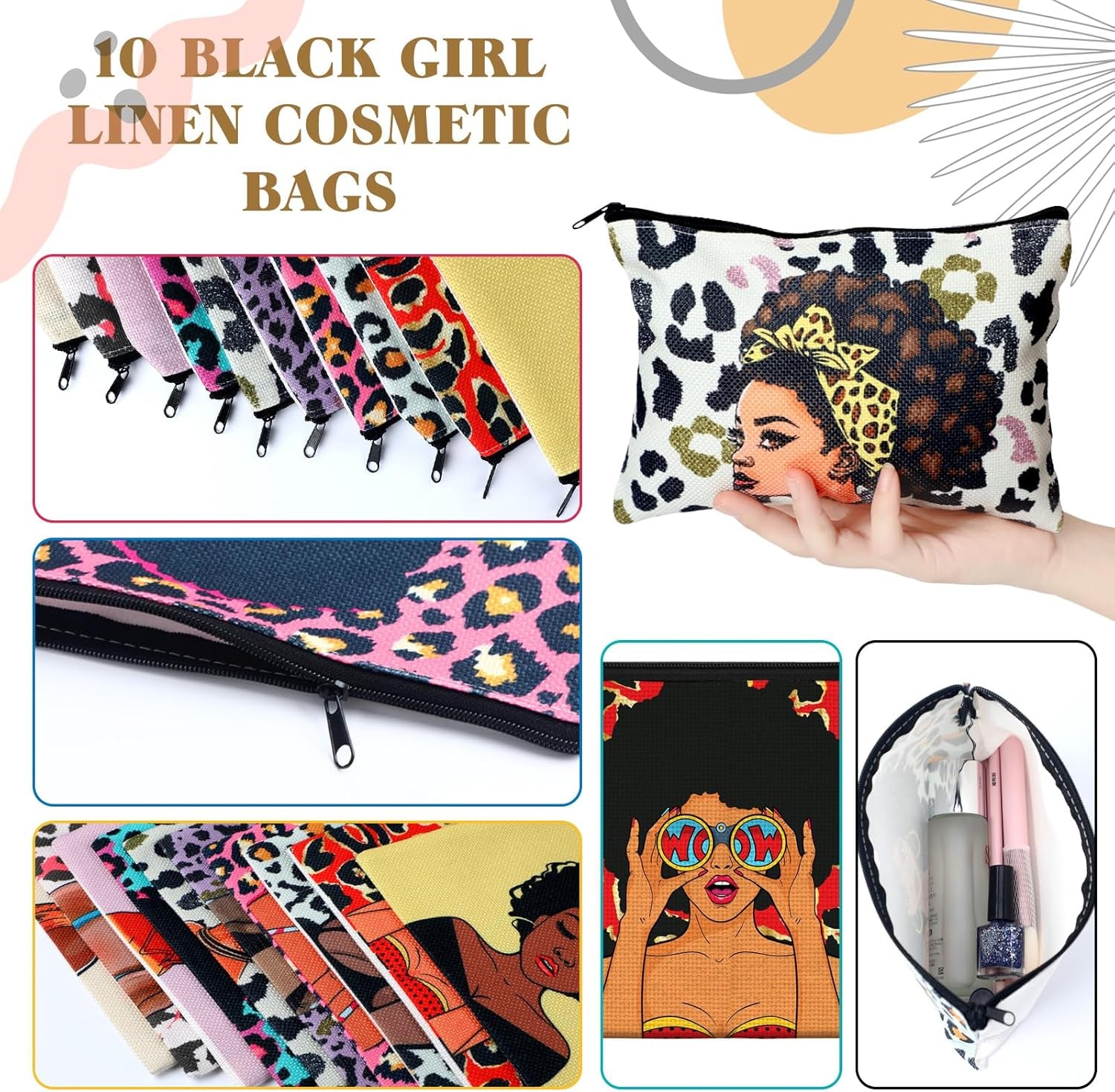 30 Pcs Black Woman Makeup Bag Church Gift Black Lady Toiletry Bag African American Canvas Makeup Bags Zipper Cosmetic Pouch Reusable Multi Purpose Organizer for Mother'S Day