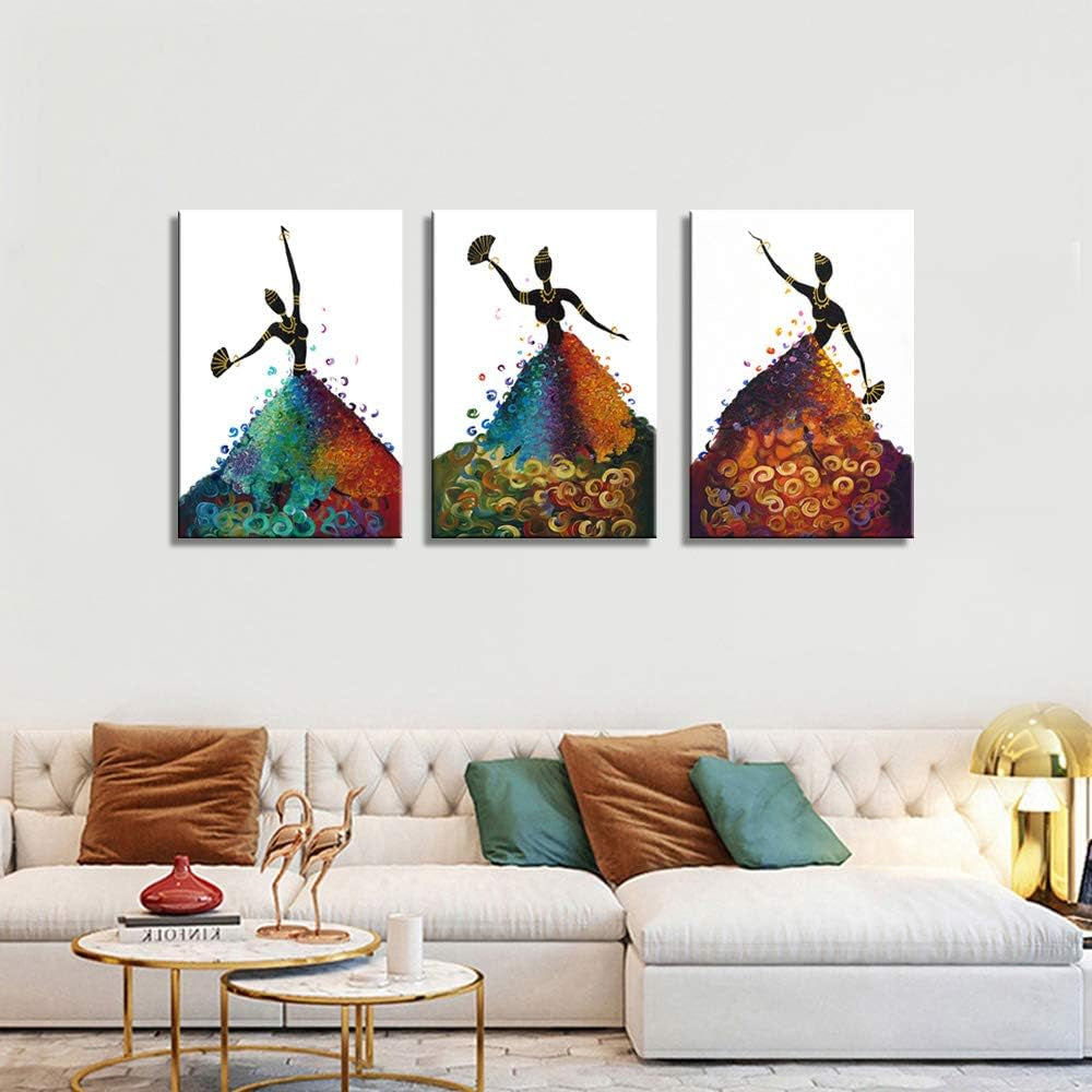 Wall Art for Kitchen Bathroom Black Art Framed African American Dancing Black Women in Dress Abstract Wall Art Pop Painting for Home Decorations 3 Panels