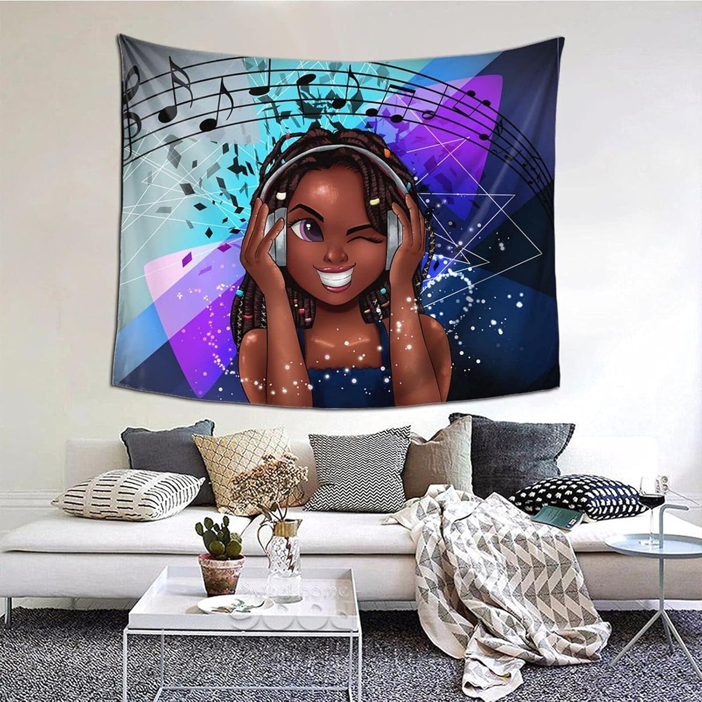 EZYES African American Tapestry for Women Black Girl Tapestry African American Girl Love Music Tapestry Hippie Art Wall Hanging for Bedroom Living Room Dorm Room Kids Room 60"X51"