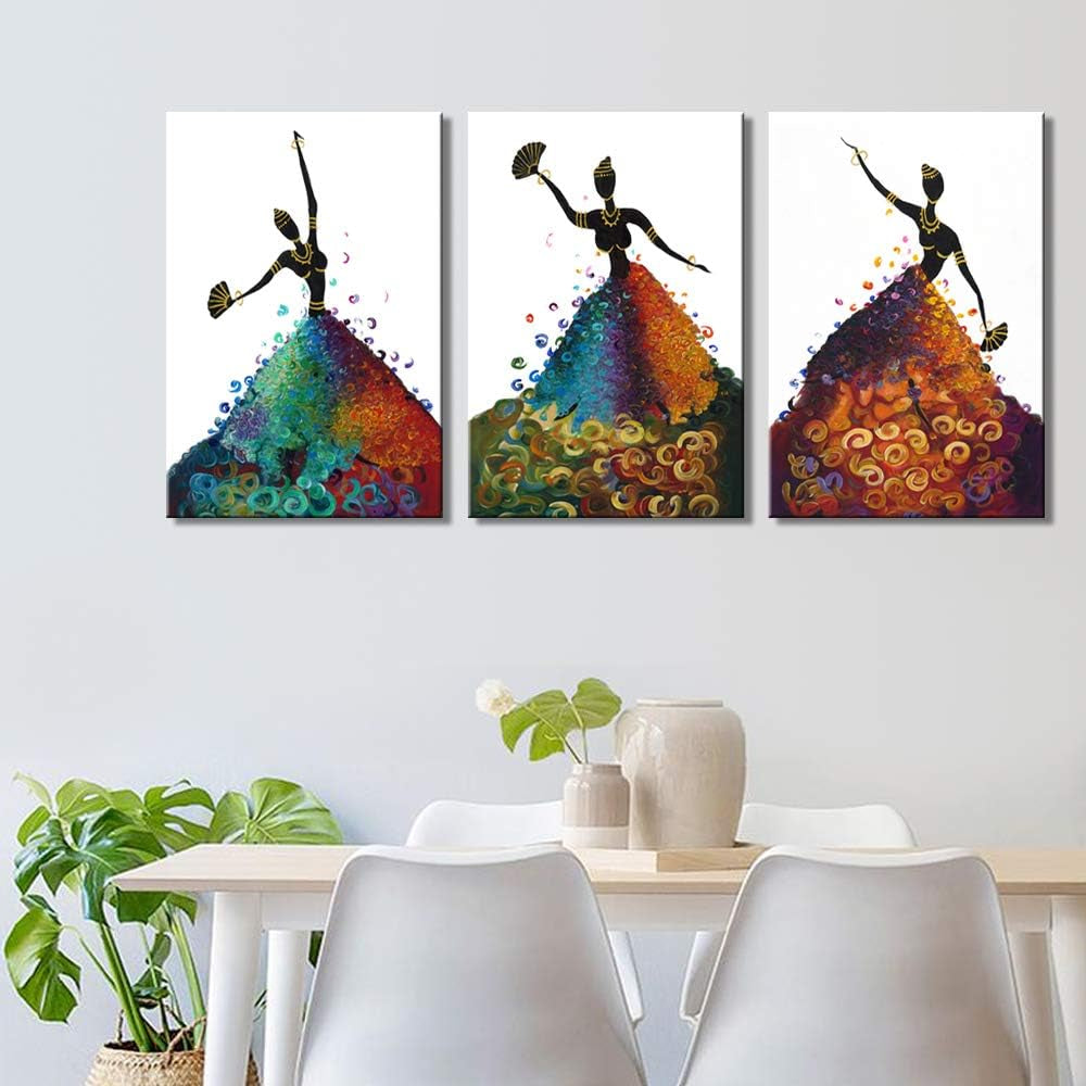 Wall Art for Kitchen Bathroom Black Art Framed African American Dancing Black Women in Dress Abstract Wall Art Pop Painting for Home Decorations 3 Panels