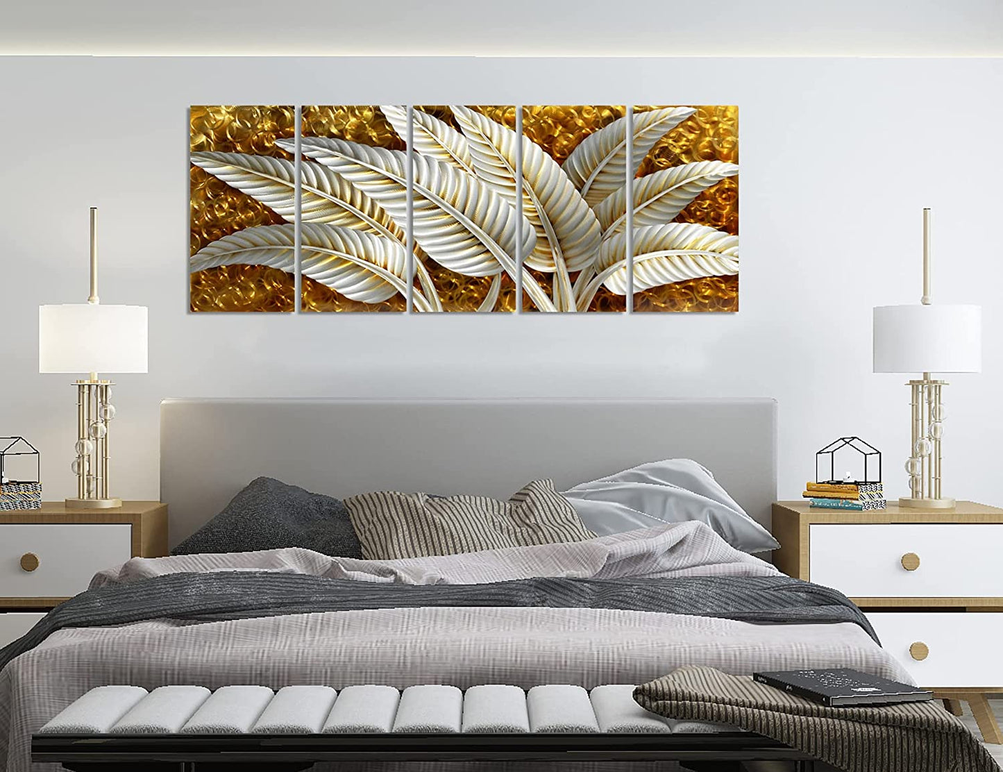 Silver Banana Leaves Metal Wall Art Decor Rustic Golden Aluminium Artwork Sculpture 5-Panel Hand Polished Decorative Hangings for Livingroom Bedroom