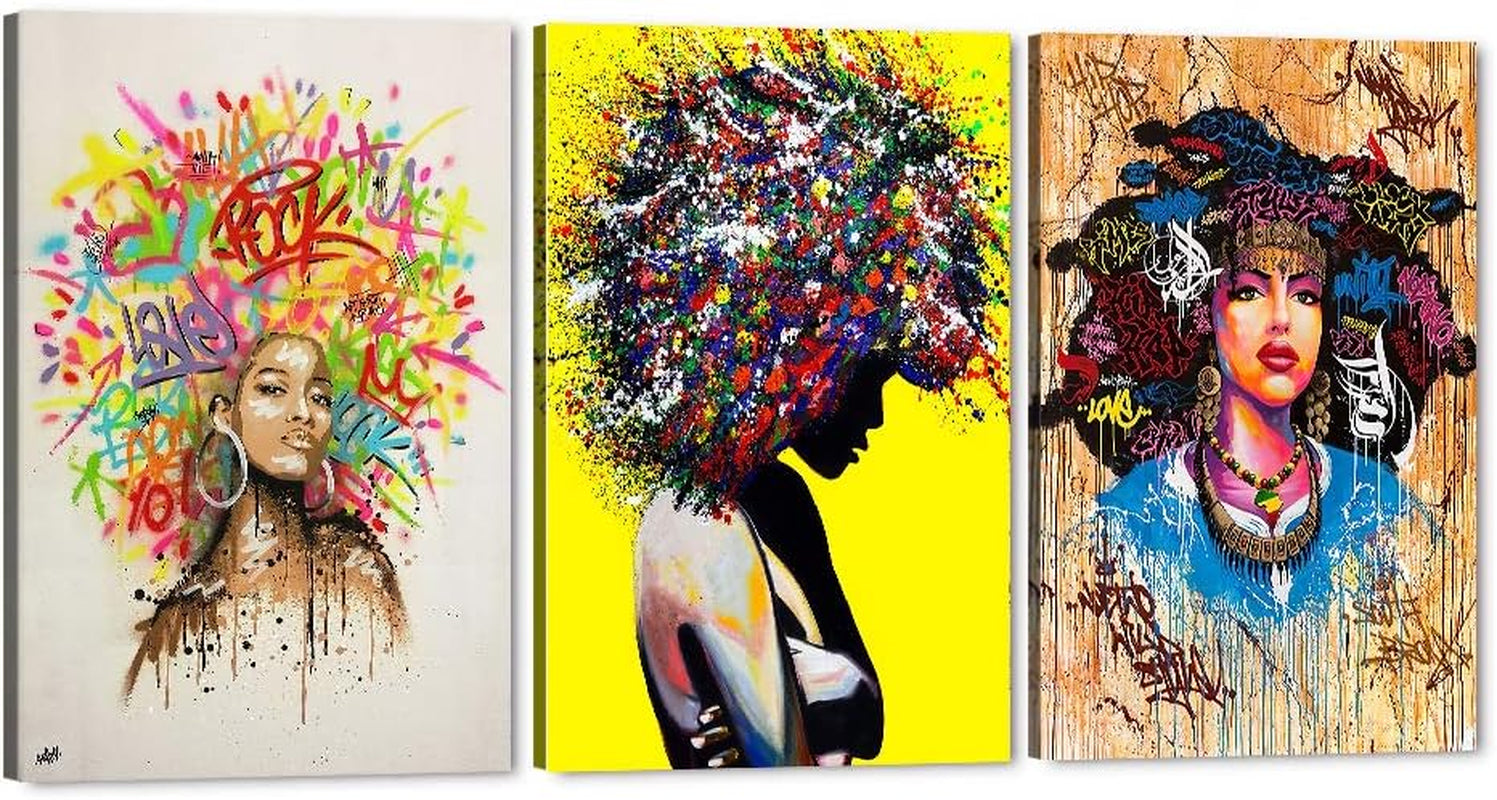 Graffiti African American Girl Wall Art - 3 Piece Black Queen Canvas Print for Wall, Black Woman Girl Framed Artwork for Bedroom Living Room Decor Ready to Hang 12X24 Inches X 3Panel