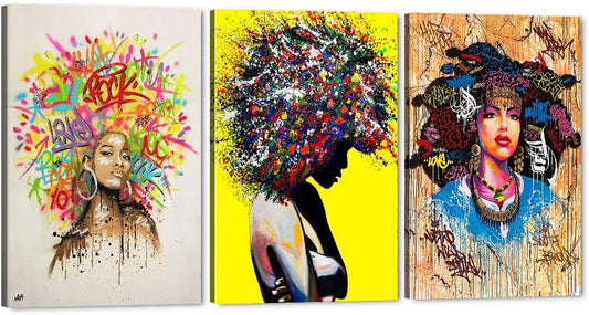 Graffiti African American Girl Wall Art - 3 Piece Black Queen Canvas Print for Wall, Black Woman Girl Framed Artwork for Bedroom Living Room Decor Ready to Hang 12X24 Inches X 3Panel