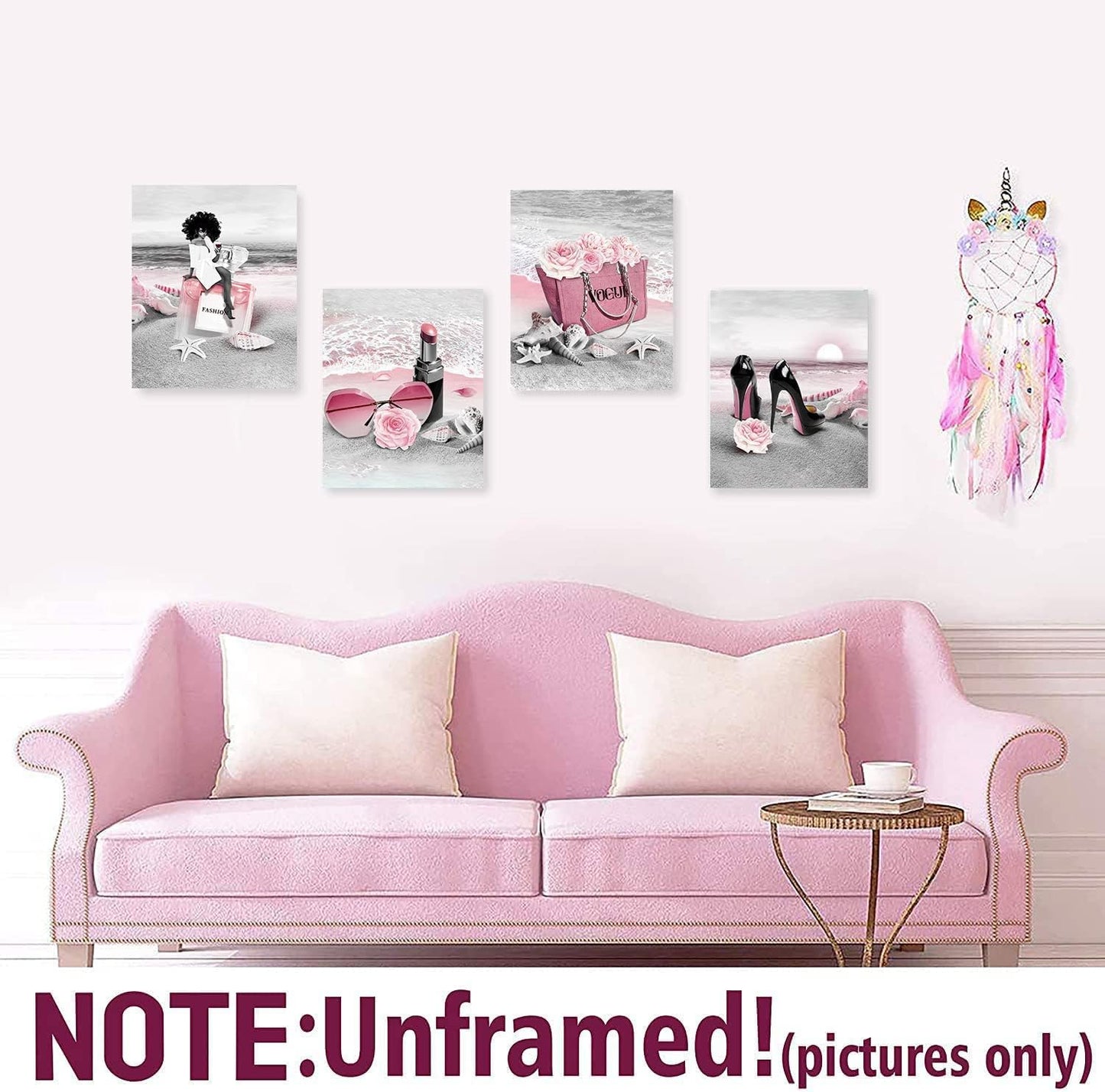 African American Wall Art Black Girl on the Beach Pink Flowers, Perfume Handbags High Heels Modern Black and White Canvas Prints Framed Wall Decor for Girls Bedroom, Set of 4. 8X10In UNFRAMED