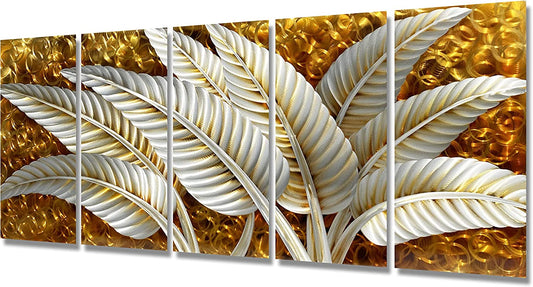 Silver Banana Leaves Metal Wall Art Decor Rustic Golden Aluminium Artwork Sculpture 5-Panel Hand Polished Decorative Hangings for Livingroom Bedroom