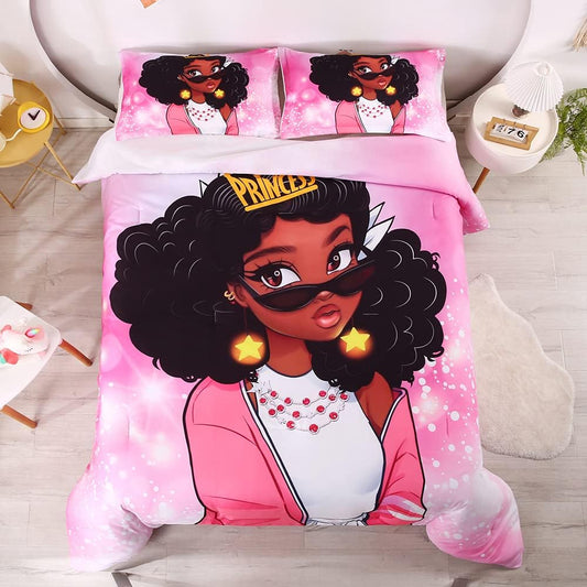 African American Black Girl Comforter Set for Gilrs Kids 3 Piece Pink African American Girl Comforter Sets with 1 Comforter 2 Pillowcases Christmas Bedding Set(Twin, African Girl3)