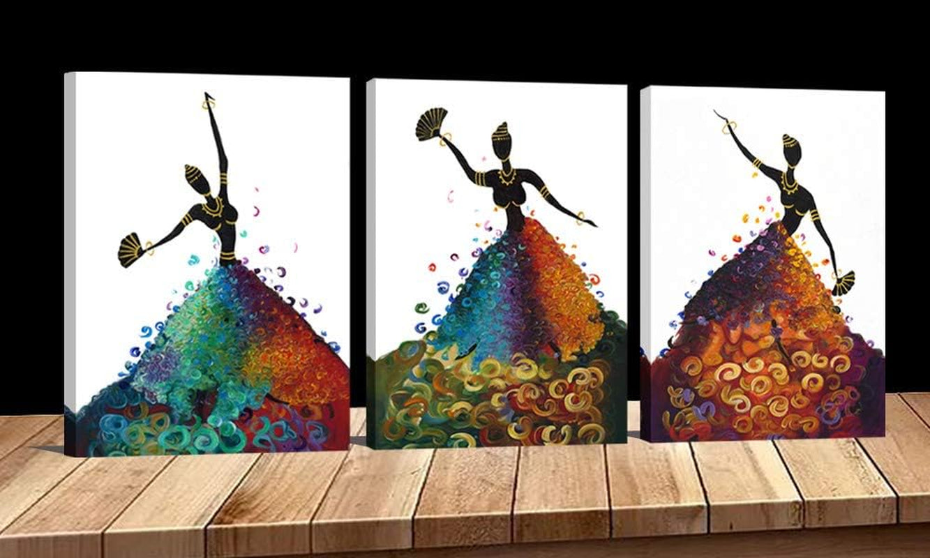 Wall Art for Kitchen Bathroom Black Art Framed African American Dancing Black Women in Dress Abstract Wall Art Pop Painting for Home Decorations 3 Panels