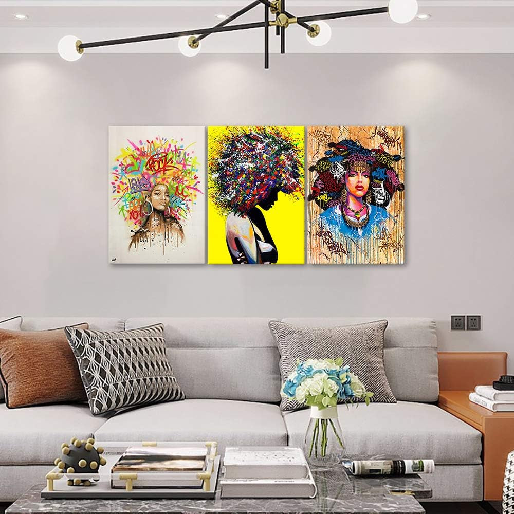 Graffiti African American Girl Wall Art - 3 Piece Black Queen Canvas Print for Wall, Black Woman Girl Framed Artwork for Bedroom Living Room Decor Ready to Hang 12X24 Inches X 3Panel