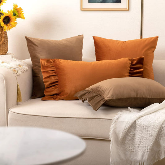 Brown Pillow Covers 18X18,Set of 4 Decorative Ruffle Lumbar Camel Pillow Case and Square Cushion Case for Sofa Couch Living Room Bedroom (12"X20"&18"X18")