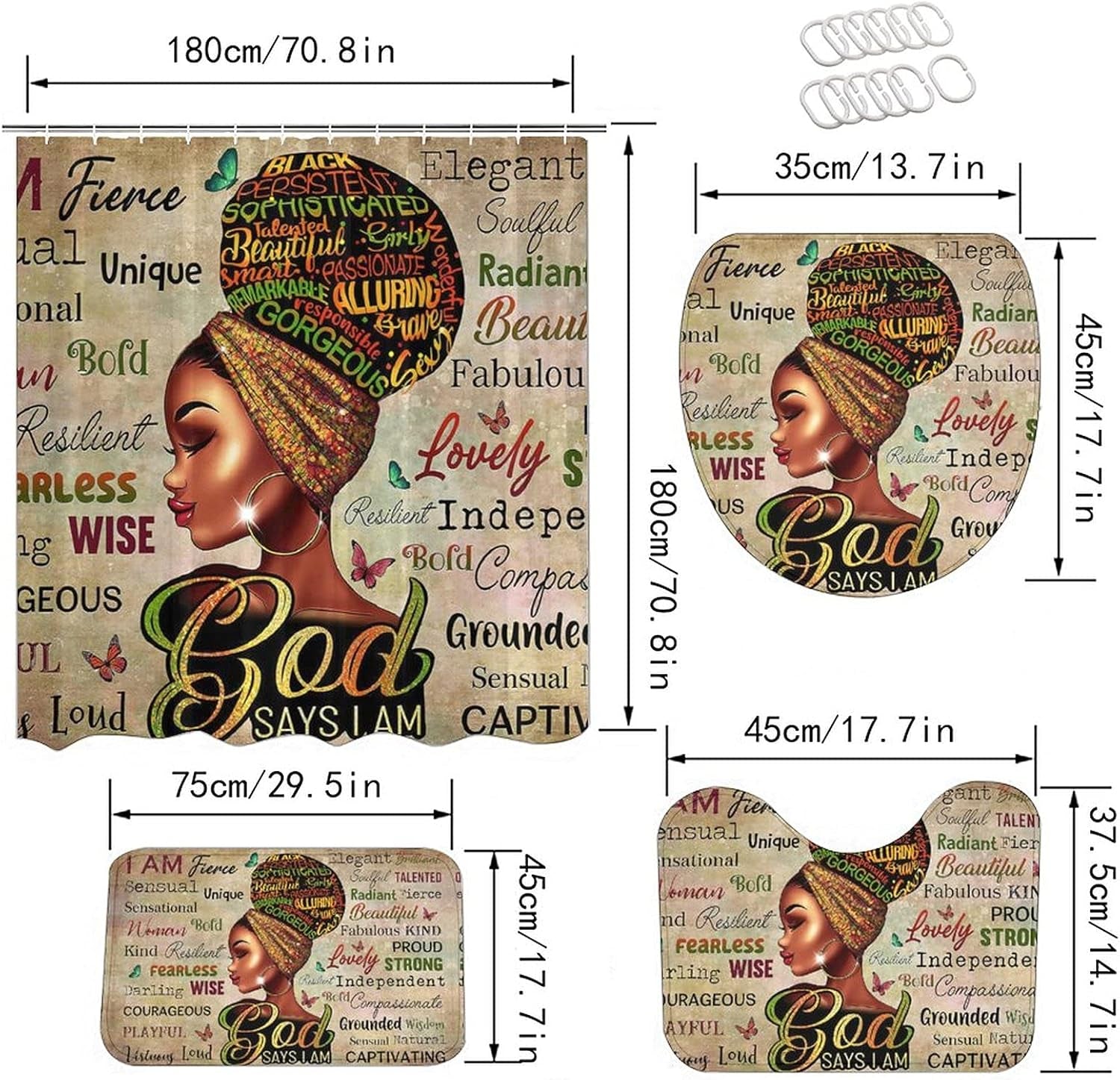 Black Queen God Says I Am Shower Curtains Bathroom Sets with Non-Slip Rugs,Toilet Lid Cover and Bath Mat,Afro Girl Magic Shower Curtain with 12 Hooks…