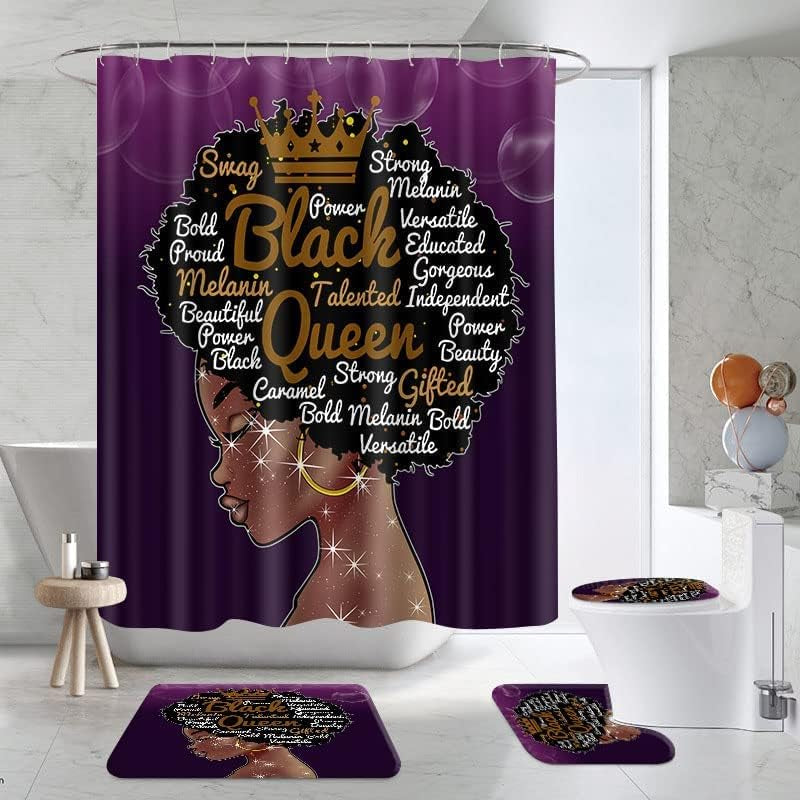 Black Queen Shower Curtain Sets with Rugs for Bathroom Durable African American Waterproof Curtains and Hooks Girl Bath Curtian Toilet Lid Cover Mat