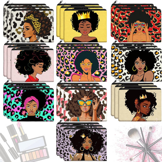 30 Pcs Black Woman Makeup Bag Church Gift Black Lady Toiletry Bag African American Canvas Makeup Bags Zipper Cosmetic Pouch Reusable Multi Purpose Organizer for Mother'S Day