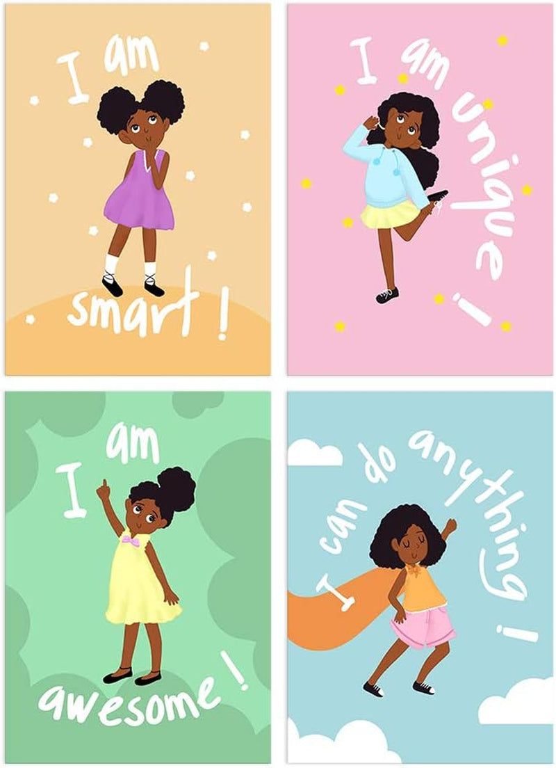 Girls Room Decor Wall Art Decoration for Girls Bedroom Motivational Black Girl Canvas Prints African American Canvas Art with Inspirational Words Gift Idea for Little Girls Framed Canvas Set of 4