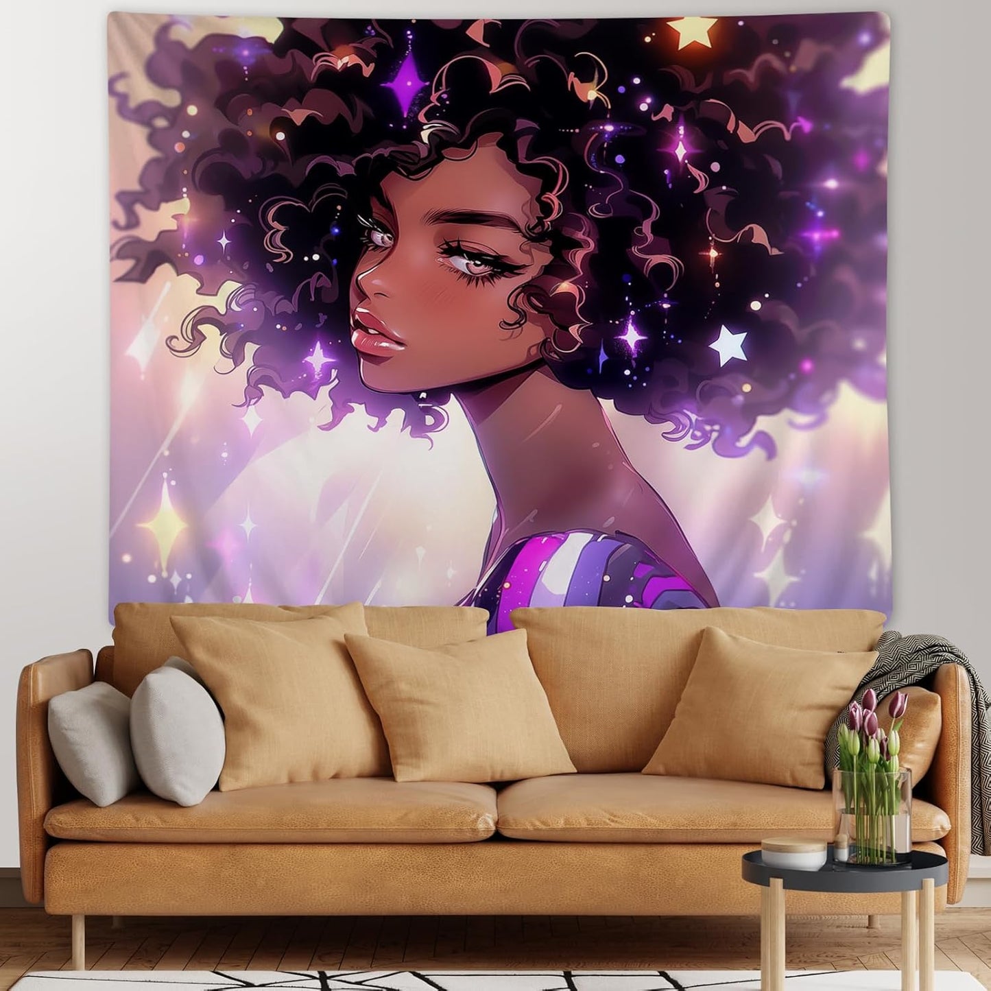 Black Women Wall Tapestry Beautiful African American Women Lady Tapestries Hippie Afro Black Art Wall Hanging 50X60 Inches for Bedroom Living Room Dorm Room, Brown Pink Purple