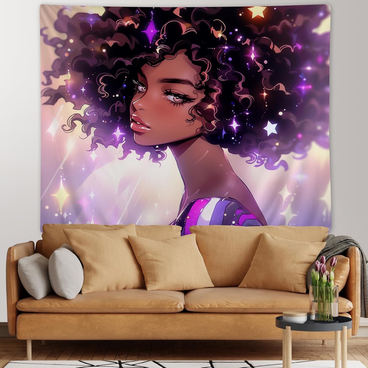Black Women Wall Tapestry Beautiful African American Women Lady Tapestries Hippie Afro Black Art Wall Hanging 50X60 Inches for Bedroom Living Room Dorm Room, Brown Pink Purple