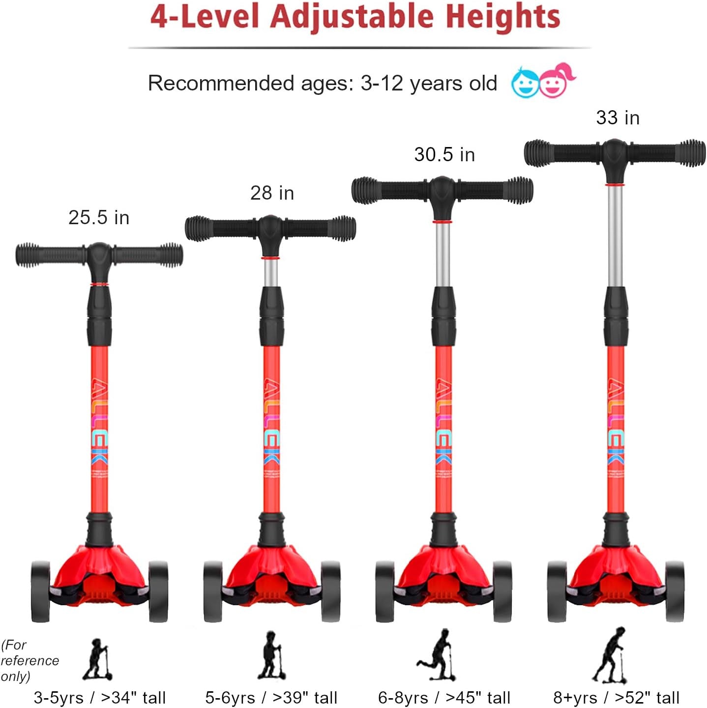 Kick Scooter B02, Lean 'N Glide Scooter with Extra Wide PU Light-Up Wheels and 4 Adjustable Heights for Children from 3-12Yrs (Red)