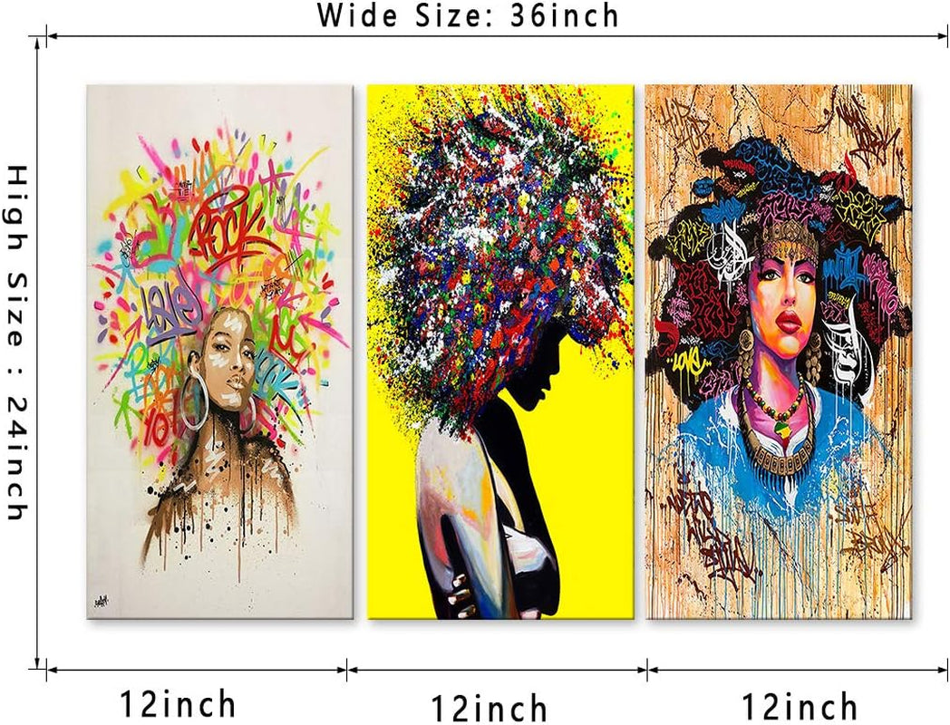 Graffiti African American Girl Wall Art - 3 Piece Black Queen Canvas Print for Wall, Black Woman Girl Framed Artwork for Bedroom Living Room Decor Ready to Hang 12X24 Inches X 3Panel