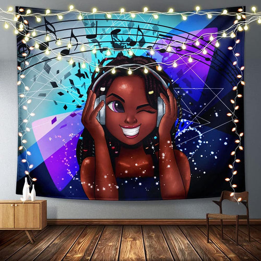 EZYES African American Tapestry for Women Black Girl Tapestry African American Girl Love Music Tapestry Hippie Art Wall Hanging for Bedroom Living Room Dorm Room Kids Room 60"X51"