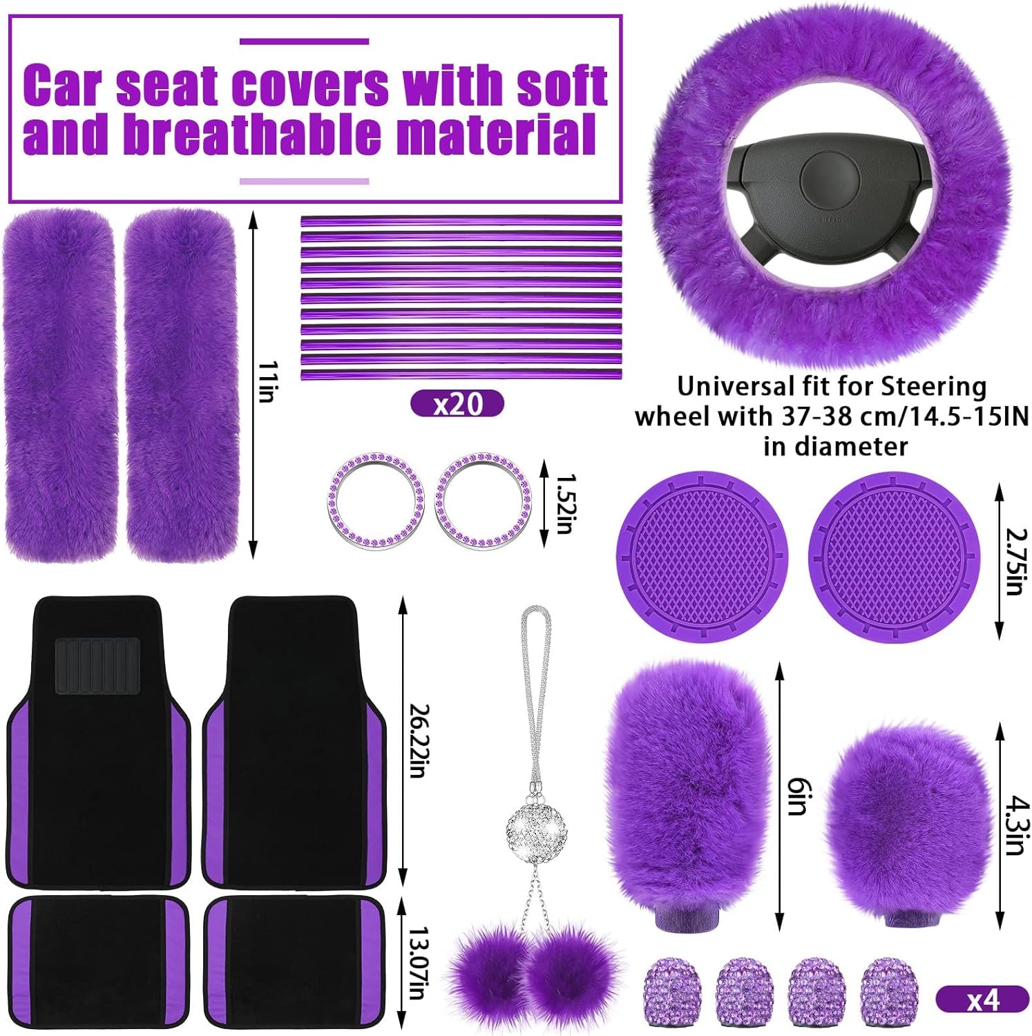 47 Car Seat Cover Full Set for Women Included Car Front Rear Seat Fluffy Steering Wheel Cover Belt Automotive Floor Mats Air Conditioner Decoration Strip Universal(Purple Black)