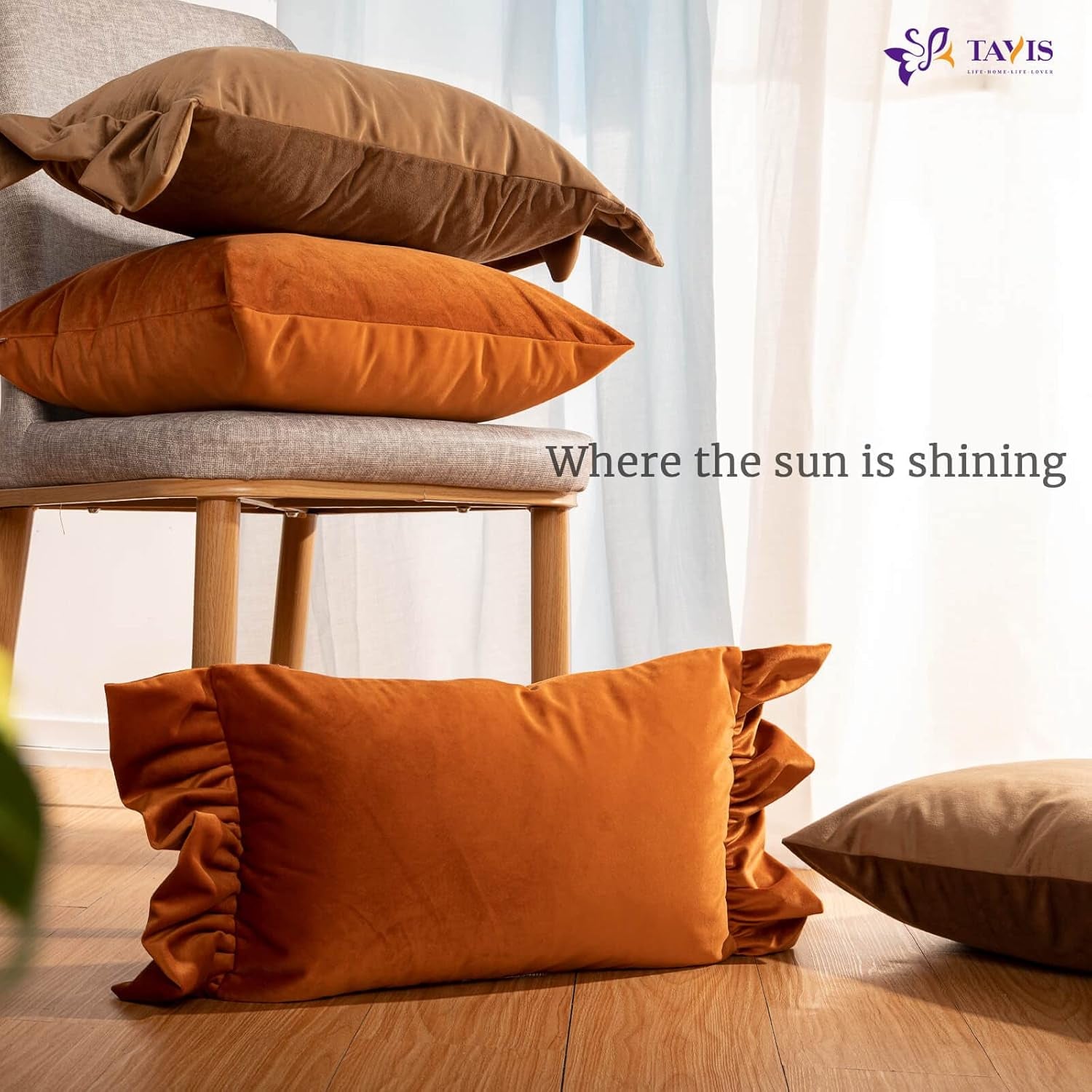 Brown Pillow Covers 18X18,Set of 4 Decorative Ruffle Lumbar Camel Pillow Case and Square Cushion Case for Sofa Couch Living Room Bedroom (12"X20"&18"X18")