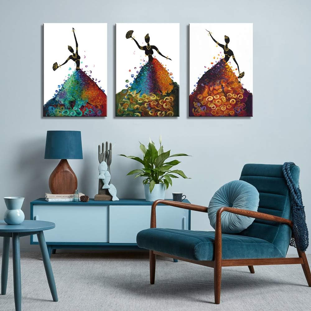 Wall Art for Kitchen Bathroom Black Art Framed African American Dancing Black Women in Dress Abstract Wall Art Pop Painting for Home Decorations 3 Panels