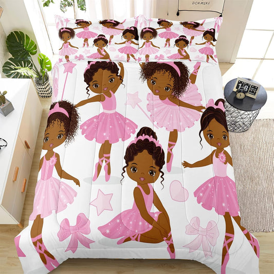 Twin Bedding Sets for Girls, African American Magic Comforter Set with Ballet Dancer, Pink Bed Set for Toddler Kids Teens, Little Girls Bedroom Decor