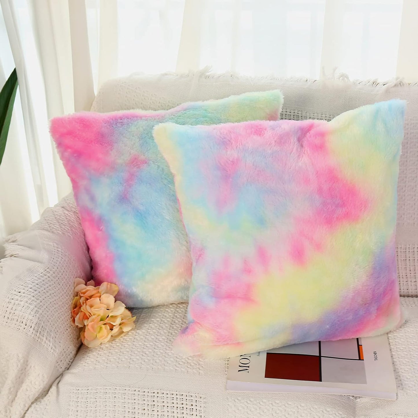 Fluffy Throw Pillow Covers Pack of 2 Cute Decorative Pillows Pattern Cushion Case Super Soft Faux Fur Wool Pillowcases for Couch Bedroom 18"*18"