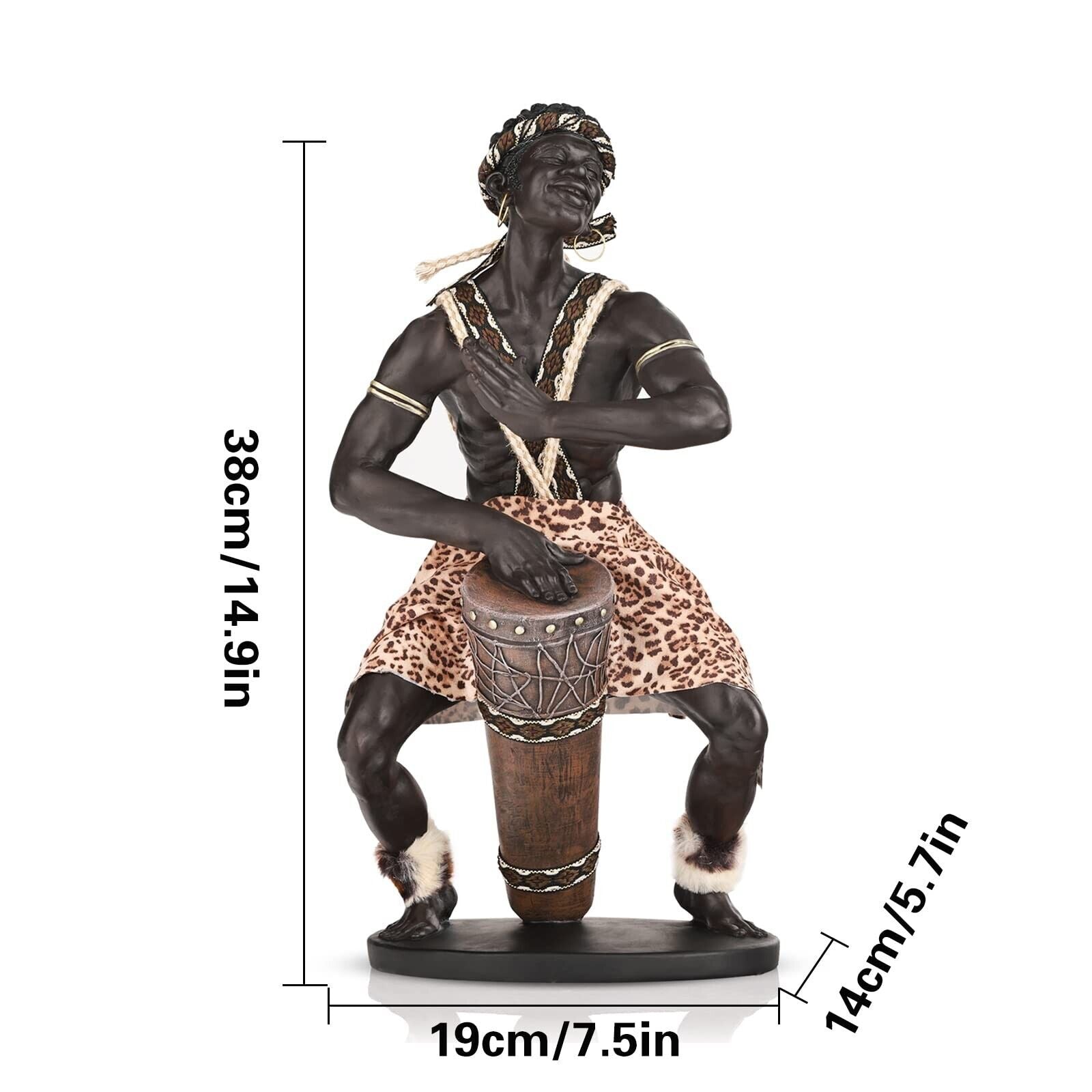 14.9"H Large African Art Figurines, African Warrior Figurine Beat a Drum, Res...